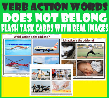 Preview of What Does Not Belong Action Verbs Task Cards with Real Images