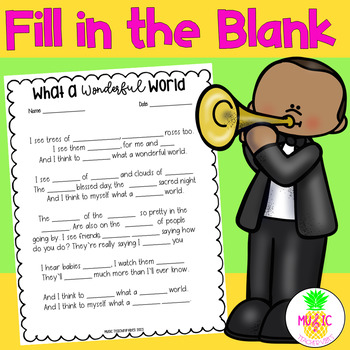 Preview of What a Wonderful World song Fill in the Blank Printable worksheet