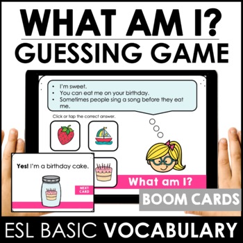 Preview of What am I? ESL Vocabulary Guessing Game BOOM CARDS - OBJECTS