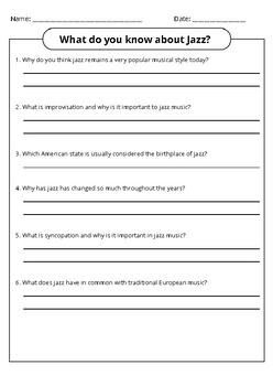 Preview of Assess your students' knowledge of Jazz with this Short Answer Worksheet!