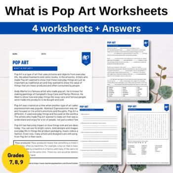 Preview of What is Pop Art worksheets - 4 activities + answers (Grades 7, 8, 9)