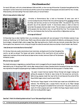 Preview of What is Remembrance Day? - Reading Comprehension Worksheet / Text