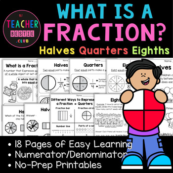Preview of What is a Fraction? Halves Quarters Eighths | 3rd Grade Fraction Review. No Prep