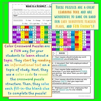 What is a Resume? Color Crossword Puzzle by Kristi Karn Creations