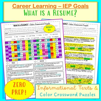 What is a Resume? Color Crossword Puzzle Career IEP Goals SPED