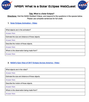 Preview of What is a Solar Eclipse Mini-WebQuest!! Total Solar Eclipse, April 8, 2024