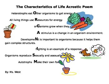 What Is An Organism Acrostic Poem The Characteristics Of Life By Heather Ward