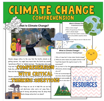 Preview of What is climate change - comprehension with critical thinking questions.