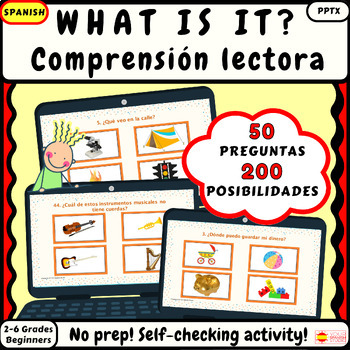 Preview of Spanish reading comprehension game No prep What is it Nivel inicial 50 preguntas