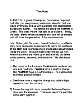 Preview of What is the Atom? Common Core Reading and Writing Activity