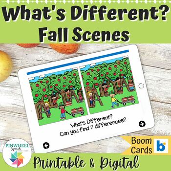 Preview of What's Different? Fall Scenes Printable AND Digital Boom Cards™ Speech Therapy