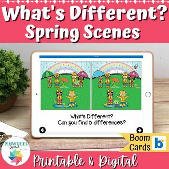 Preview of What's Different? Spring Scenes Print + Boom Cards™ Speech Therapy ELL Language