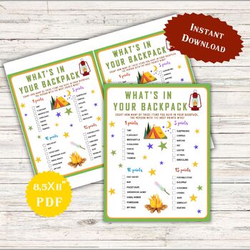 Preview of What's In Your Backpack Classroom Game Activities Camping Birthday Party Family