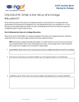 Preview of CALCULATE: What is The Value of A College Education?