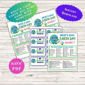 Preview of What's Your Earth Day Name, Nametags, Printable Game Activity for Kids, Teens