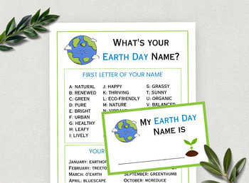 Preview of What's Your Earth Day Name with Name Tags, Earth Day Classroom Activity