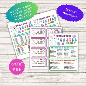 Preview of What's Your Easter Name, Nametags, Printable Easter Game Activity for Kids Teens