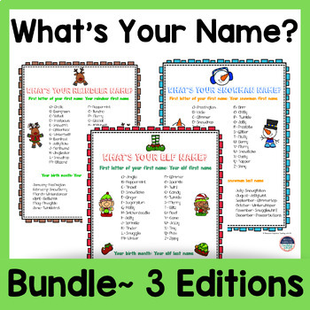 Preview of What's Your Name? Elf, Reindeer, & Snowman Days Writing & Math Practice Bundle