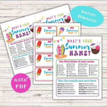 Preview of What's Your Summer Name Game for Kids, Beach Pool Party Activities Printable