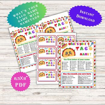 Preview of What's Your Taco Name Game Cinco De Mayo Mexican Classroom activity Nametags