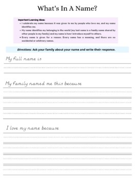 What's in a Name? Social Studies / Health Name Exploration Worksheet