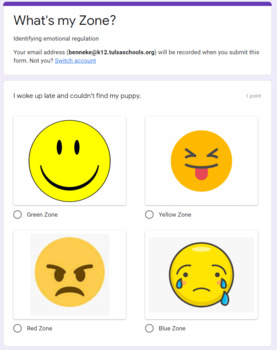 Preview of What's my Zone? Identifying emotional regulation Google Form *editable*