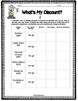 figuring percents whats my discount worksheet by happyedugator