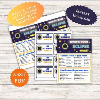 Preview of Whats Your Eclipse Name game, Spring Classroom Activity for Kids, Name Sign Idea