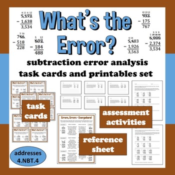 Preview of What's the Error? subtraction with regrouping task cards + printables set