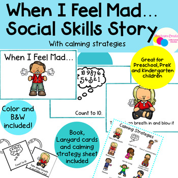 Preview of When I Feel Mad Social Skill Story with Calming Strategies | lanyard cards, sign