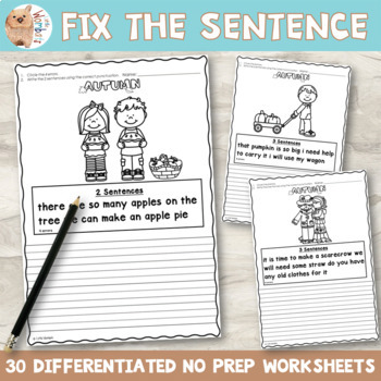 Preview of Where Do Sentences End? Capitalization and Punctuation Worksheets - Autumn Theme