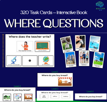 Preview of Where Questions Bundle: Interactive book + 320 Task Card with Answers & Tracking