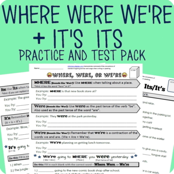 Preview of Where, Were, or We're + Its or It's Worksheet Packet Plus Test (Online Enabled)