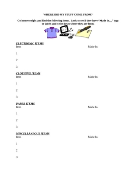 Preview of Where did my stuff come from?  international trade worksheet