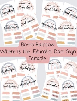 Preview of Where is the Educator Door Sign Rainbow Boho Editable