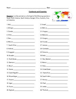 Preview of Countries and Their Continents: Worksheet, Test, or Homework with Answer Key