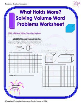 Preview of Which Holds More: Solving Volume Word Problems Worksheet