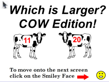 Preview of Which Number is Larger 11-20 Cow says MOO!  Promethean and ZOOM Activity