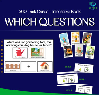 Preview of Which Questions Bundle: Interactive book + 260 Task Card with Answers & Tracking