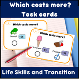More or less task cards with food and grocery shopping for