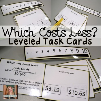 Preview of Which is Smaller / Costs Less? Math Task Cards for Special Ed