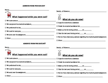 Preview of While You Were Out Absence Form for High School Science