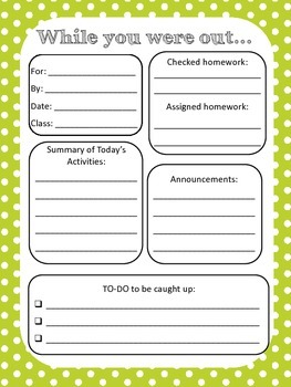 Preview of While you were out Absent student back to school classroom organization form