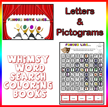Preview of Movies, Letters and Pictograms, word search coloring printable pages activity