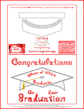 Preview of White Graduation Cap Party Hat / Card Printable Red Class 2024 Graduate