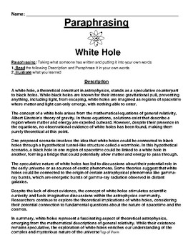 Preview of White Hole Paraphrasing Worksheet