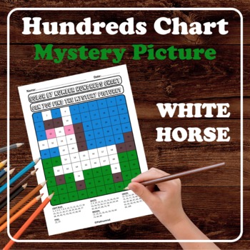 Preview of White Horse Hundreds Chart Mystery Picture No Prep Place Value Color by Number