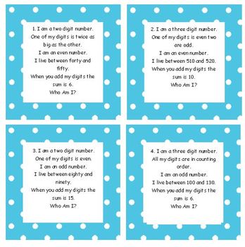 Preview of Who Am I Number Clue Cards for Common Core Math 2nd Grade Blue