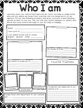 Preview of Who I am: All About Me and my Culture Worksheet - English and Spanish Versions