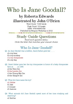 Preview of Who Is Jane Goodall? by Roberta Edwards; Multiple-Choice Study Guide Quiz w/Ans